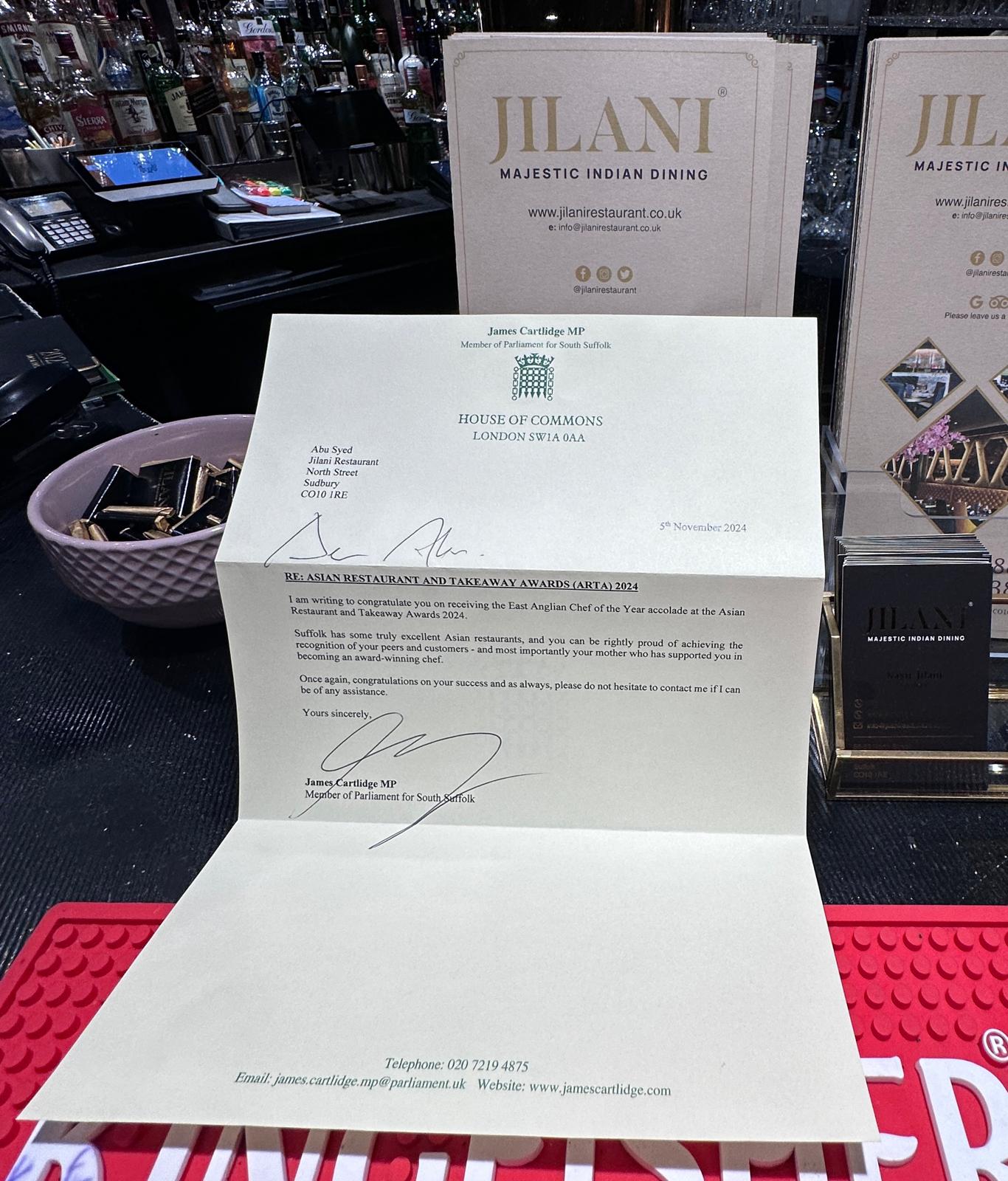 Jilani Restaurant Honoured by James Cartlidge MP