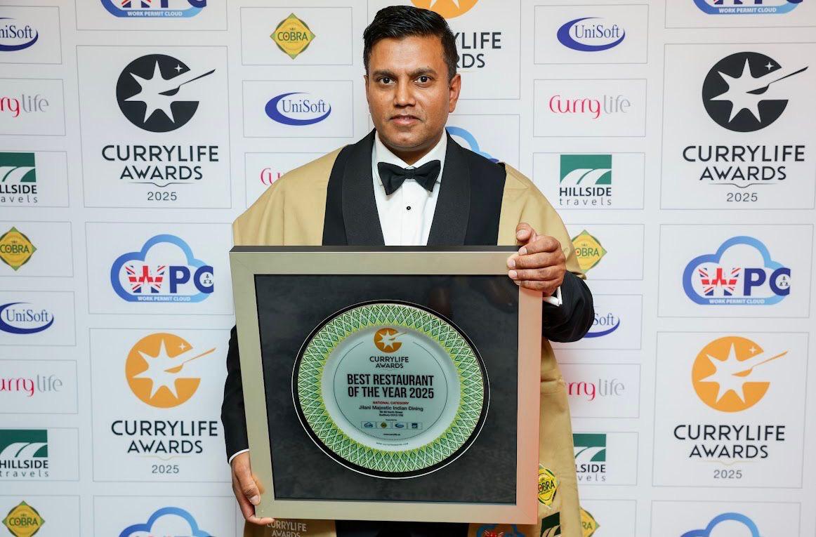 Jilani team celebrating Restaurant of the Year 2025 award at the Curry Life Awards in London